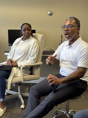 A Business Banking Relationship Manager speaking with an Austin District team member